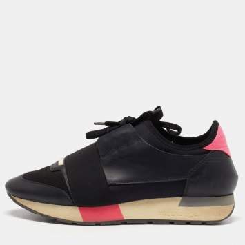 Pre Owned Balenciaga Black/Pink Leather and Fabric Race Runner Sneakers Size 38
