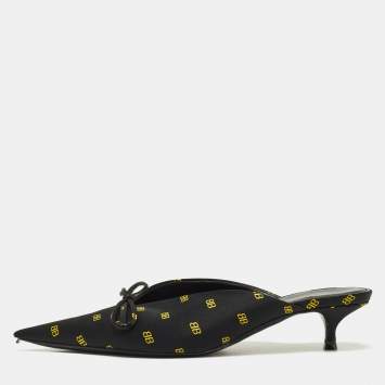 Pre Owned Balenciaga Black/Yellow BB Print Satin Bow Knife Mules Size 37