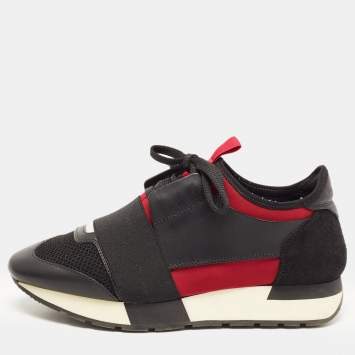 Pre Owned Balenciaga Black/Burgundy Leather and Mesh Race Runner Sneakers Size 37