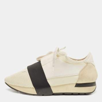 Pre Owned Balenciaga Two Tone Mesh and Leather Race Runner Sneakers Size 38