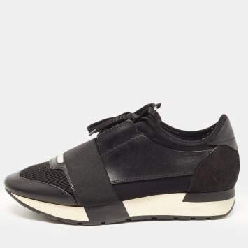 مملوكة مسبقًا Balenciaga Black Leather and Mesh Race Runner Sneakers Size 38