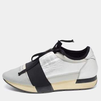 Pre Owned Balenciaga Grey/Silver Leather and Knit Fabric Race Runner Sneakers Size 38
