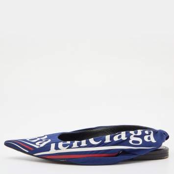 Pre Owned Balenciaga Blue Print Fabric Knife Pointed Toe Slingback Flat Sandals Size 37