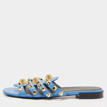Pre Owned Balenciaga Blue Leather Studded Arena Flat Slides Size 38