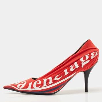 Pre Owned Balenciaga Red/Black Fabric and Leather Logo Knife Pumps Size 37