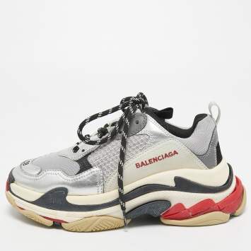 Pre Owned Balenciaga Silver Leather and Mesh Triple S Clear Sneakers Size 38