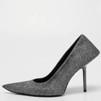 Pre Owned Balenciaga Silver/Black Lurex Fabric Square Knife Pumps Size 38