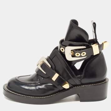 Pre Owned Balenciaga Black Leather Ceinture Buckle Detail Ankle Boots Size 38.5