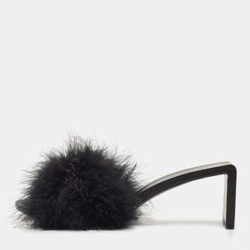 Pre Owned Balenciaga Black Fur Slide Flats Size 38 