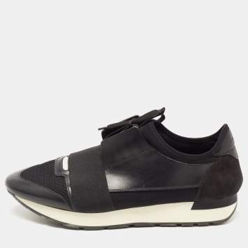 Pre Owned Balenciaga Black Leather and Mesh Race Runner Sneakers Size 43