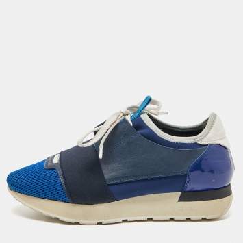 Pre Owned Balenciaga Blue/White Patent,Mesh and Leather Race Runner Sneakers Size 36