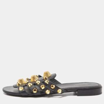 Pre Owned Balenciaga Black Leather Arena Studded Flat Slides Size 37