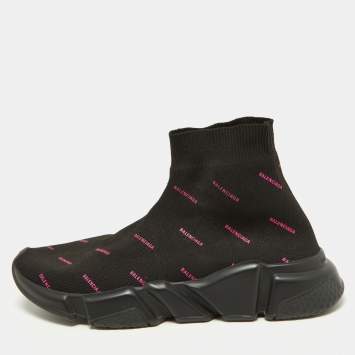 Pre Owned Balenciaga Black/Pink Logo Print Knit Fabric Speed Trainer Sneakers Size 39