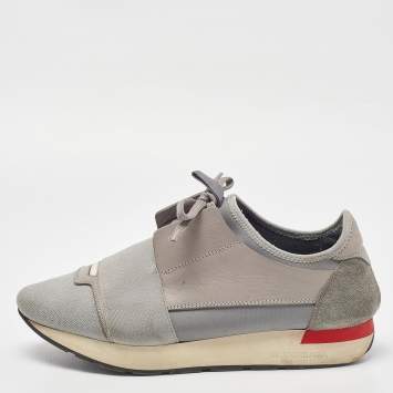 Pre Owned Balenciaga Grey Leather and Knit Fabric Race Runner Sneakers Size 39