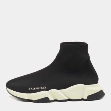 Pre Owned Balenciaga Black Knit Fabric Speed Trainer High Top Sneakers Size 40