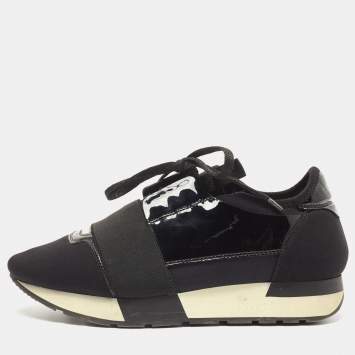 Pre Owned Balenciaga Black Patent Leather and Fabric Race Runner Sneakers Size 36