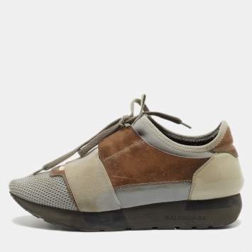 Pre Owned Balenciaga Grey/Brown Leather and Mesh Race Runner Sneakers Size 37