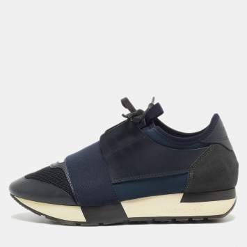 Pre Owned Balenciaga Navy Blue Leather and Mesh Race Runner Sneakers Size 36