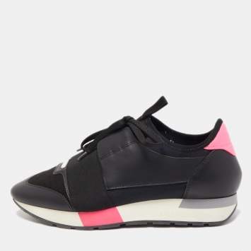 Pre Owned Balenciaga Black Leather and Fabric Race Runner Sneakers Size 39