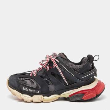 Pre Owned Balenciaga Black Faux Leather and Mesh Track Sneakers Size 37