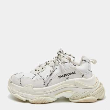 Pre Owned Balenciaga White Leather All-Over Logo Triple S Sneaker Size 37