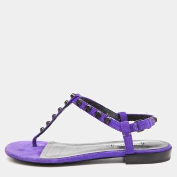 Pre Owned Balenciaga Purple Suede Arena Studded Thong Sandals Size 38.5