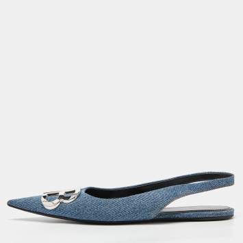 Pre Owned Balenciaga Blue Denim BB Knife Slingback Flat Sandals Size 35.5