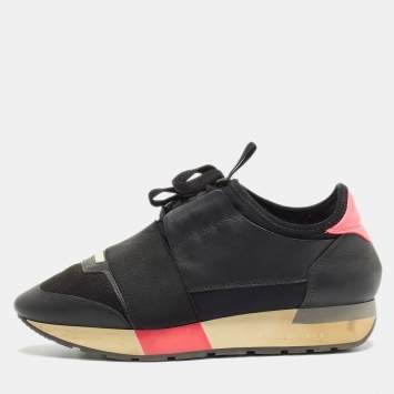 Pre Owned Balenciaga Black Leather and Fabric Race Runner Sneakers Size 35