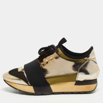 Pre Owned Balenciaga Tricolor Foil Leather and Mesh Race Runner Low Top Sneakers Size 35