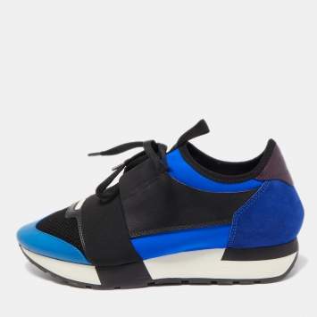 Pre Owned Balenciaga Black/Blue Leathe and Mesh Race Runner Low Sneakers Size 39