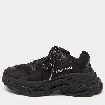 Pre Owned Balenciaga Black Leather and Mesh Triple S Sneakers Size 40