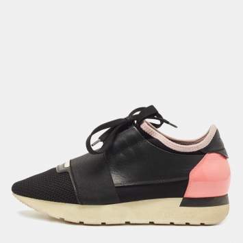 Pre Owned Balenciaga Black/Pink Leather and Mesh Race Runner Sneakers Size 36