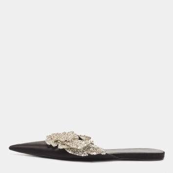 Pre Owned Balenciaga Black Satin Sequins Embellished Flats Size 39