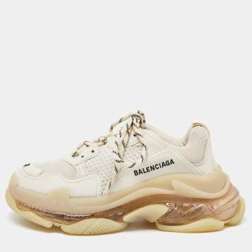 Pre Owned Balenciaga Beige Leather and Mesh Triple S Clear Sneakers Size 38