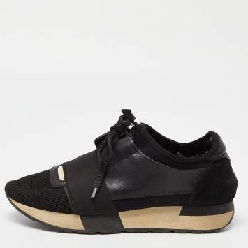 Pre Owned Balenciaga Black Leather, Mesh and Suede Race Runner Sneakers Size 39
