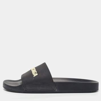 Pre Owned Balenciaga Black Rubber Logo Embossed Flat Slides Size 39