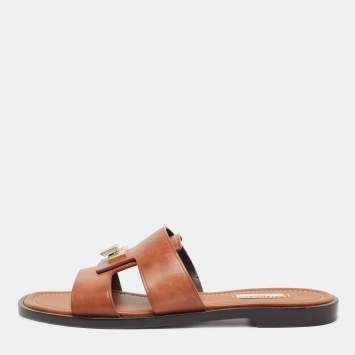 Pre Owned Balenciaga Brown Leather Flat Slides Size 40.5 
