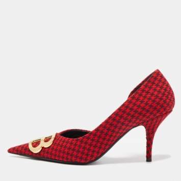Pre Owned Balenciaga Red/Black Houndstooth Tweed BB Pointy Pumps Size 39