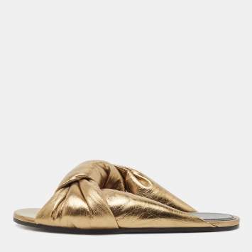 Pre Owned Balenciaga Gold Leather  Flat Slides Size 38