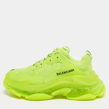 Pre Owned Balenciaga Neon Green Faux Leather and Mesh Triple S Low Top Sneakers Size 38