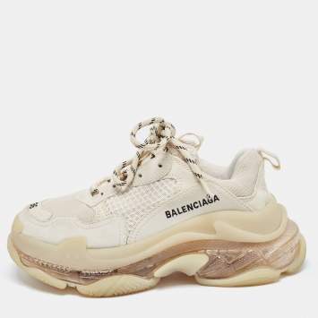 Pre Owned Balenciaga Cream Leather and Mesh Triple S Clear Sneakers Size 36