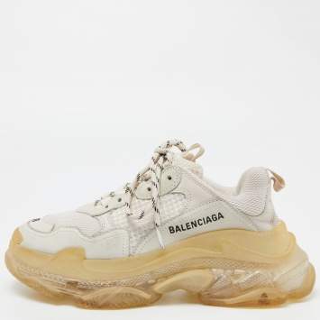 Pre Owned Balenciaga White/Grey Mesh and Leather Lace Up Sneakers Size 38