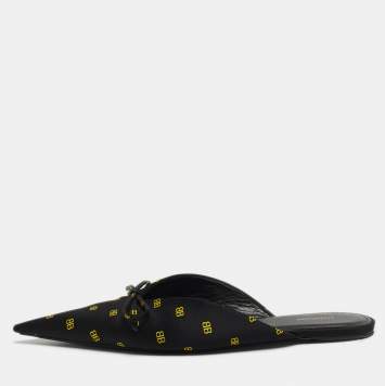 Pre Owned Balenciaga Black BB Print Satin Knife Flat Mules Size 37