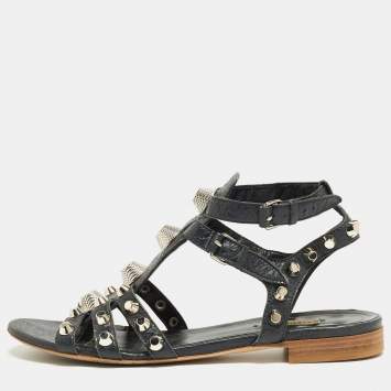 Pre Owned Balenciaga Dark Grey Leather Studded Ankle Strap Flat Sandals Size 39.5