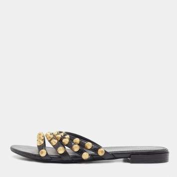 Pre Owned Balenciaga Black Leather Studded Arena Flat Slides Size 36