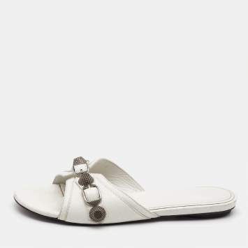 Pre Owned Balenciaga White  Leather Cagole Flat Slides Size 36