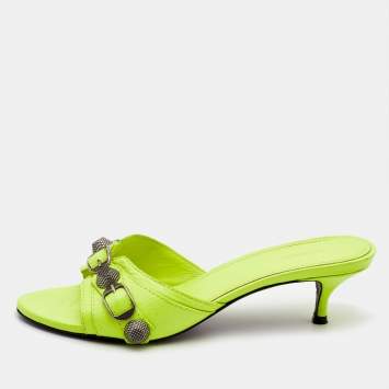 Pre Owned Balenciaga Neon Yellow Leather Le Cagole Slide Sandals Size 36
