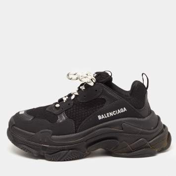 Pre Owned Balenciaga Black Mesh and Nubuck Triple S Sneakers Size 38
