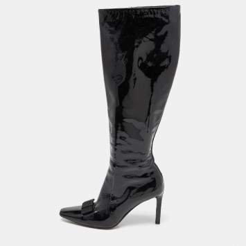 مملوكة مسبقًا Balenciaga Black Patent Leather Bow Calf Length Boots Size 36