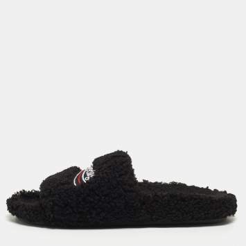 Pre Owned Balenciaga Black Shearing Fur Flat Slides Size 38 
